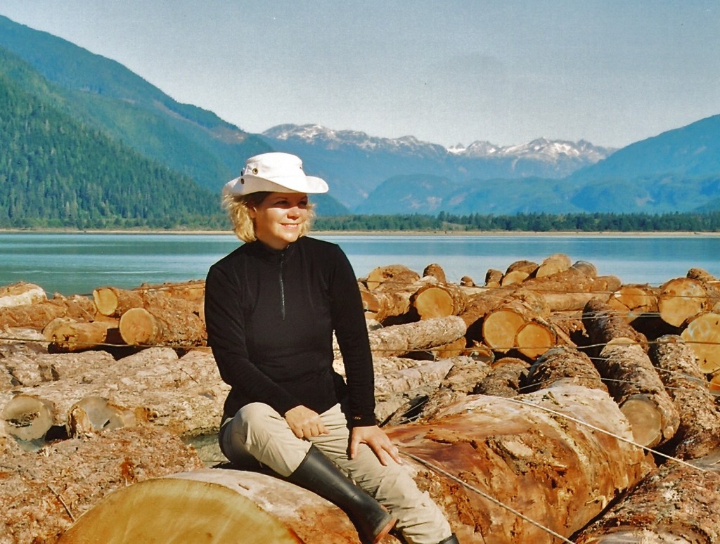 Margaret Rodenberg on a log boom in beautiful Knight Inlet, British Columbia