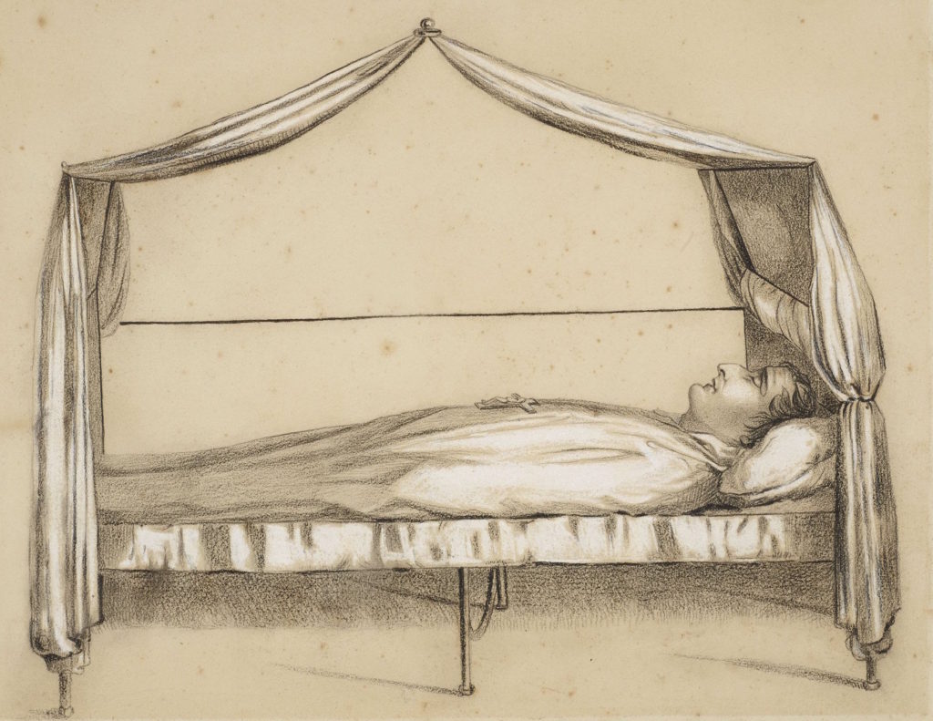 Napoleon on his deathbed, sketched on site at St Helena, May 6, 1821, Captain Frederick Marryat, in black and white chalk, now in the British Royal Collection Trust