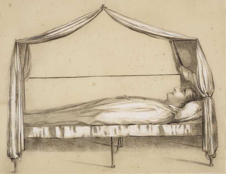 Napoleon on his deathbed, sketched on site at St Helena, May 6, 1821, Captain Frederick Marryat, in black and white chalk, now in the British Royal Collection Trust