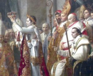 Detail from Le Sacre, The Coronation of Napoleon, painted in 1807 by Jacques-Louis David (1748 - 1825). Right lower portion of 30' by 18' painting showing Napoleon holding crown and Pope Pius VII seated giving blessing